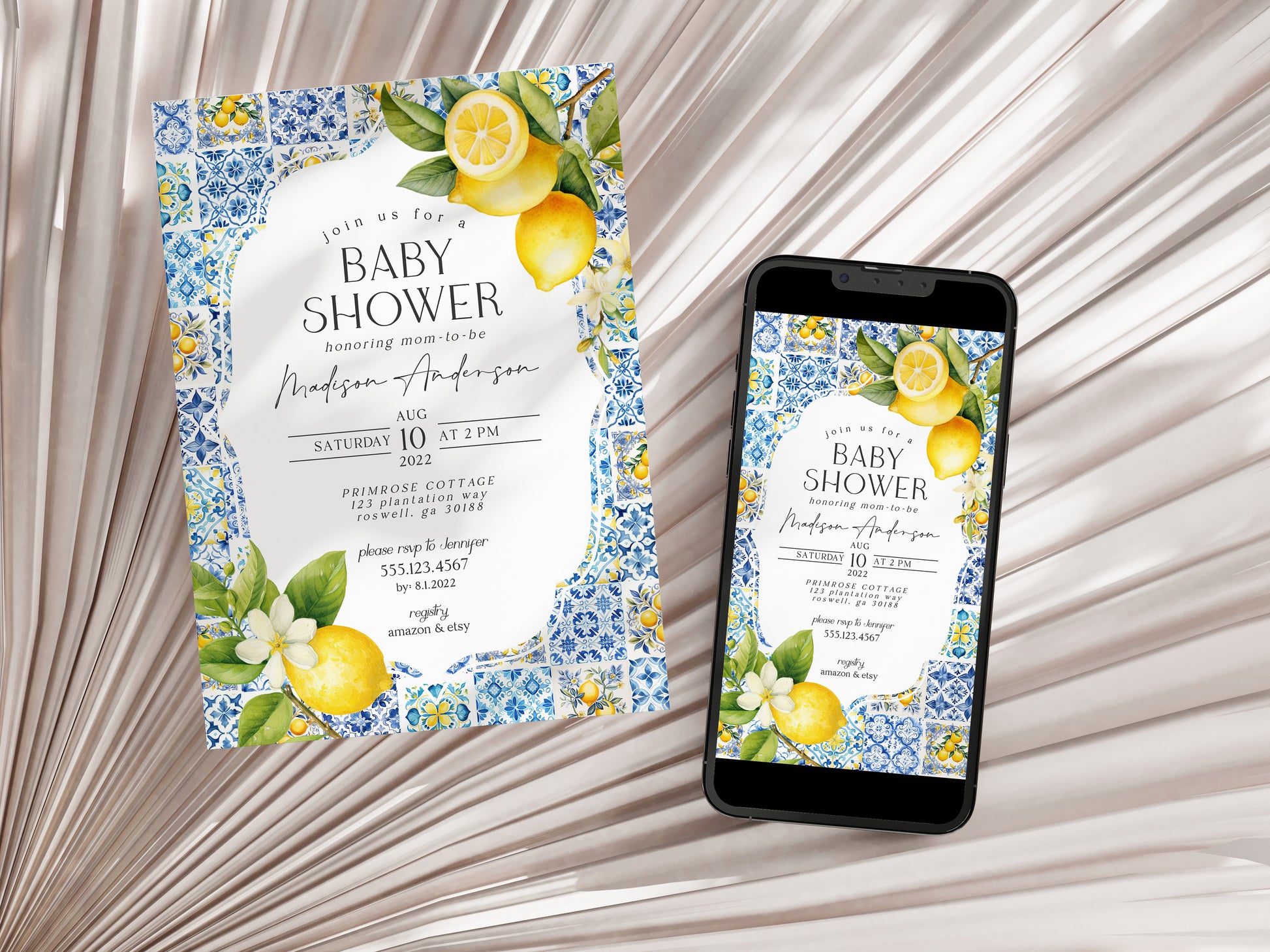 Amalfi Coast Baby Shower Invitation Printable Template, Lemon Citrus Mediterranean shower decor with blue tiles, Italian theme tuscan beach