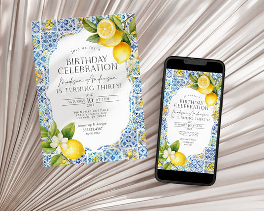 Amalfi Coast Birthday Invitation Printable Template, Citrus Mediterranean bday decor with blue tiles, Italian coastal theme tuscan party