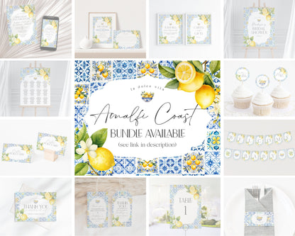 Amalfi Coast Birthday Invitation Printable Template, Citrus Mediterranean bday decor with blue tiles, Italian coastal theme tuscan party