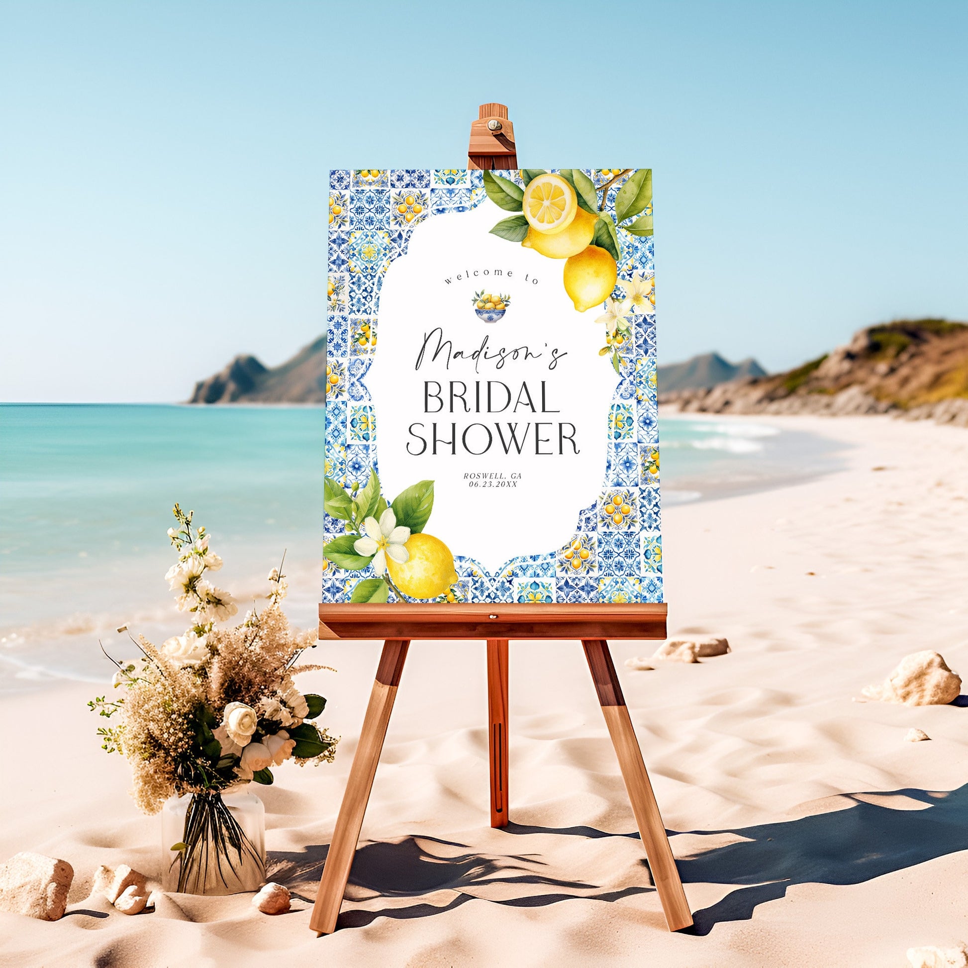 Amalfi Coast Bridal Shower Welcome Sign Printable Template, Lemon Citrus Mediterranean decor with blue tiles, Coastal Italian theme tuscan