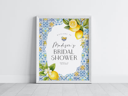 Amalfi Coast Bridal Shower Welcome Sign, Lemon Citrus Mediterranean decor with blue tiles, Coastal Italian theme tuscan