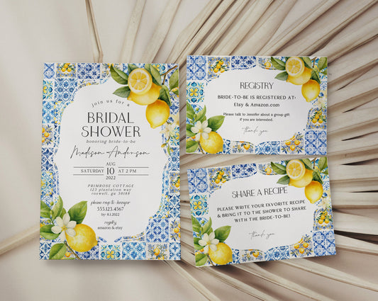 Amalfi Coast Bridal Shower Invitation Printable Template, Lemon Citrus Mediterranean shower decor with blue tiles Coastal Italian theme