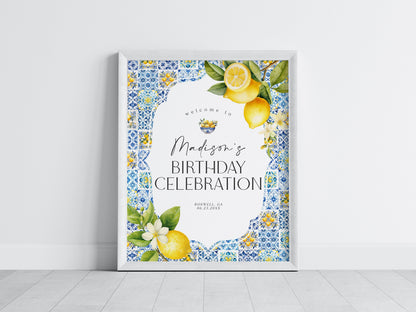 Amalfi Coast Birthday Welcome Sign, Lemon Citrus Mediterranean decor with blue tiles, Coastal Italian theme tuscan