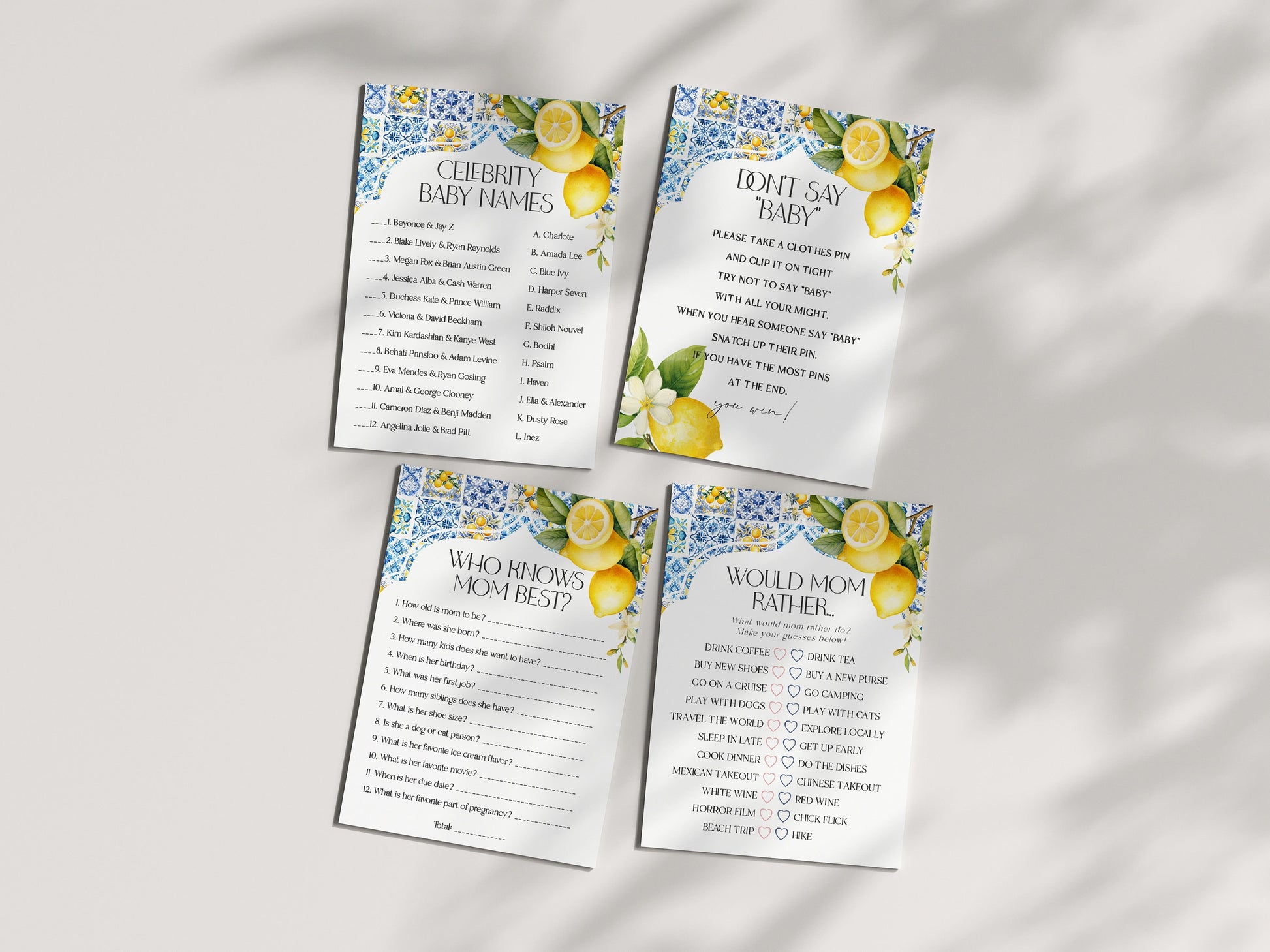 Amalfi Coast Baby Shower Games Set Printable Template, Lemon Citrus Mediterranean shower decor with blue tiles, Italian theme tuscan beach