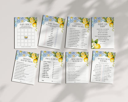 Amalfi Coast Baby Shower Games Set Printable Template, Lemon Citrus Mediterranean shower decor with blue tiles, Italian theme tuscan beach