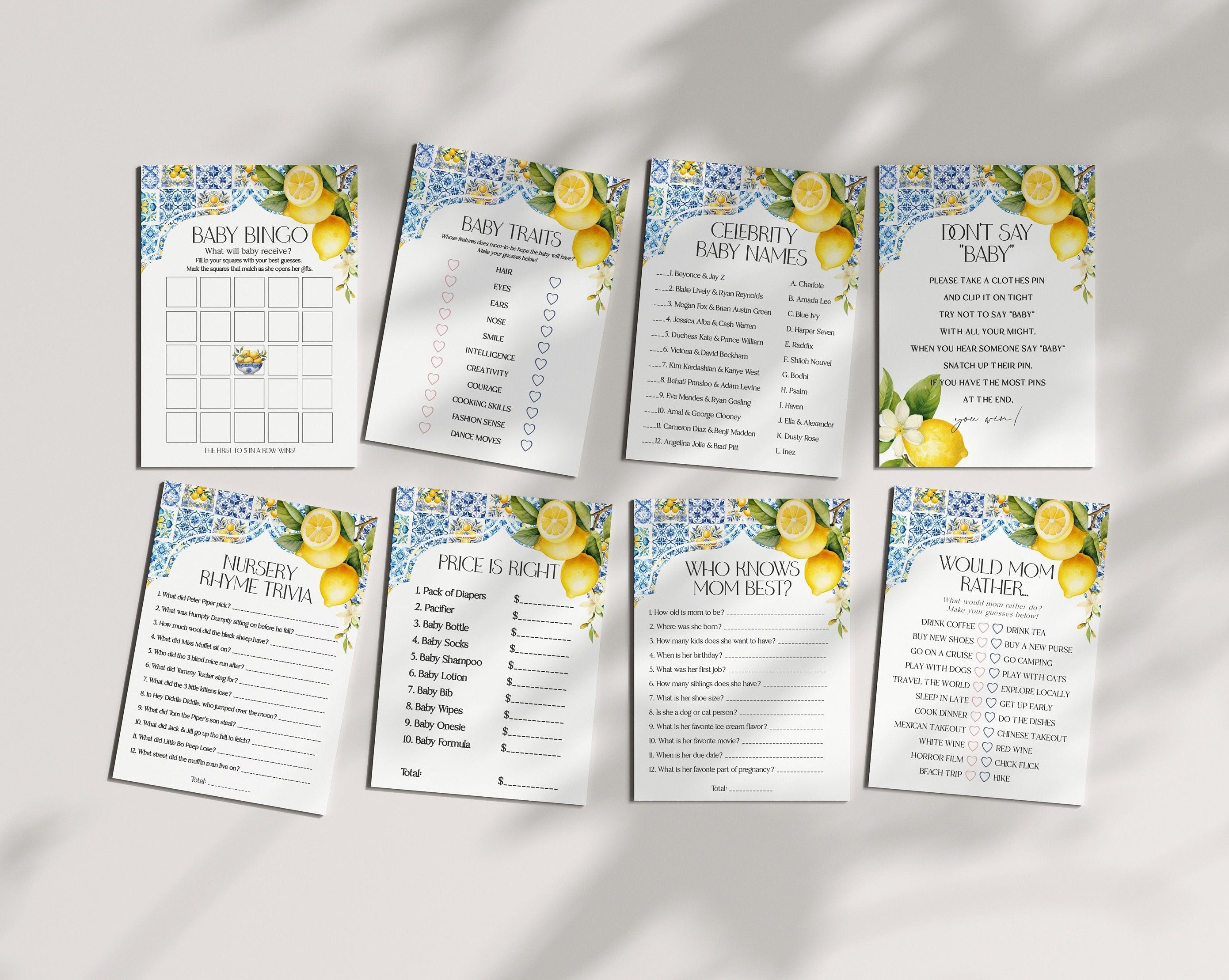 Amalfi Coast Baby Shower Games Set, Lemon Citrus Mediterranean shower decor with blue tiles, Italian theme tuscan beach