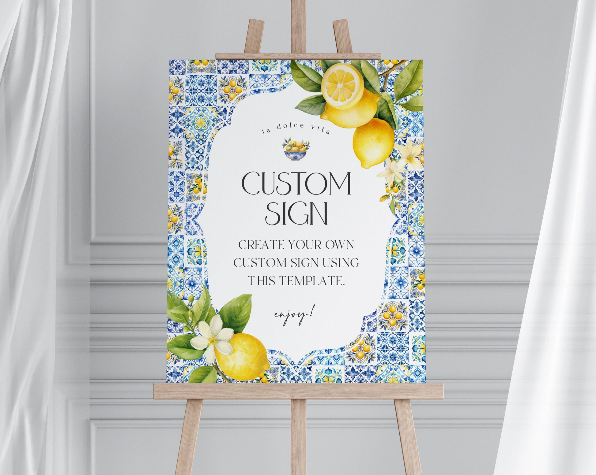 Amalfi Coast Custom Sign Party Decor for Baby or Bridal Shower, Citrus Mediterranean bday decor coastal blue tiles Italian theme