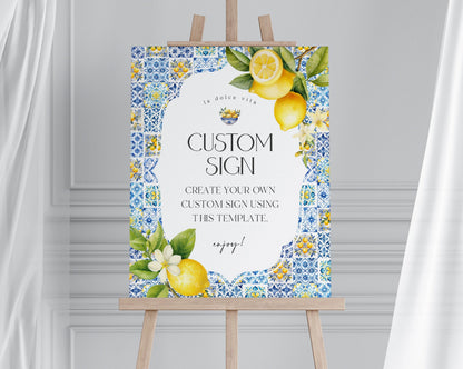 Amalfi Coast Custom Sign Party Decor for Baby or Bridal Shower, Citrus Mediterranean bday decor coastal blue tiles Italian theme