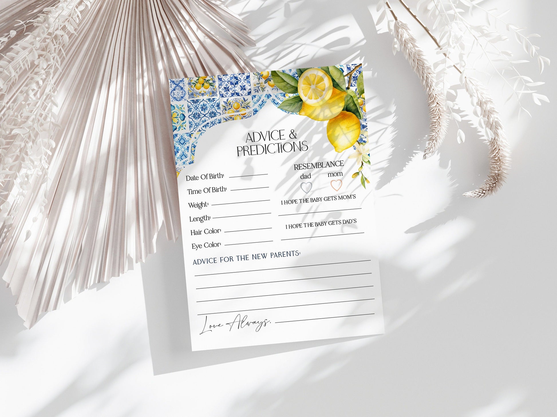 Amalfi Coast Advice for Baby Cards, Lemon Citrus Mediterranean shower decor with blue tiles, Italian theme tuscan beach