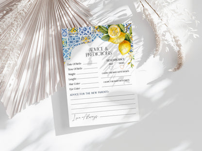 Amalfi Coast Advice for Baby Cards, Lemon Citrus Mediterranean shower decor with blue tiles, Italian theme tuscan beach