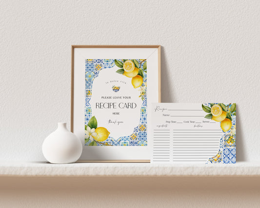 Amalfi Coast Recipe Card Printable Template for Bridal Shower, Lemon Citrus Mediterranean shower decor with blue tiles, Italian Tuscan theme