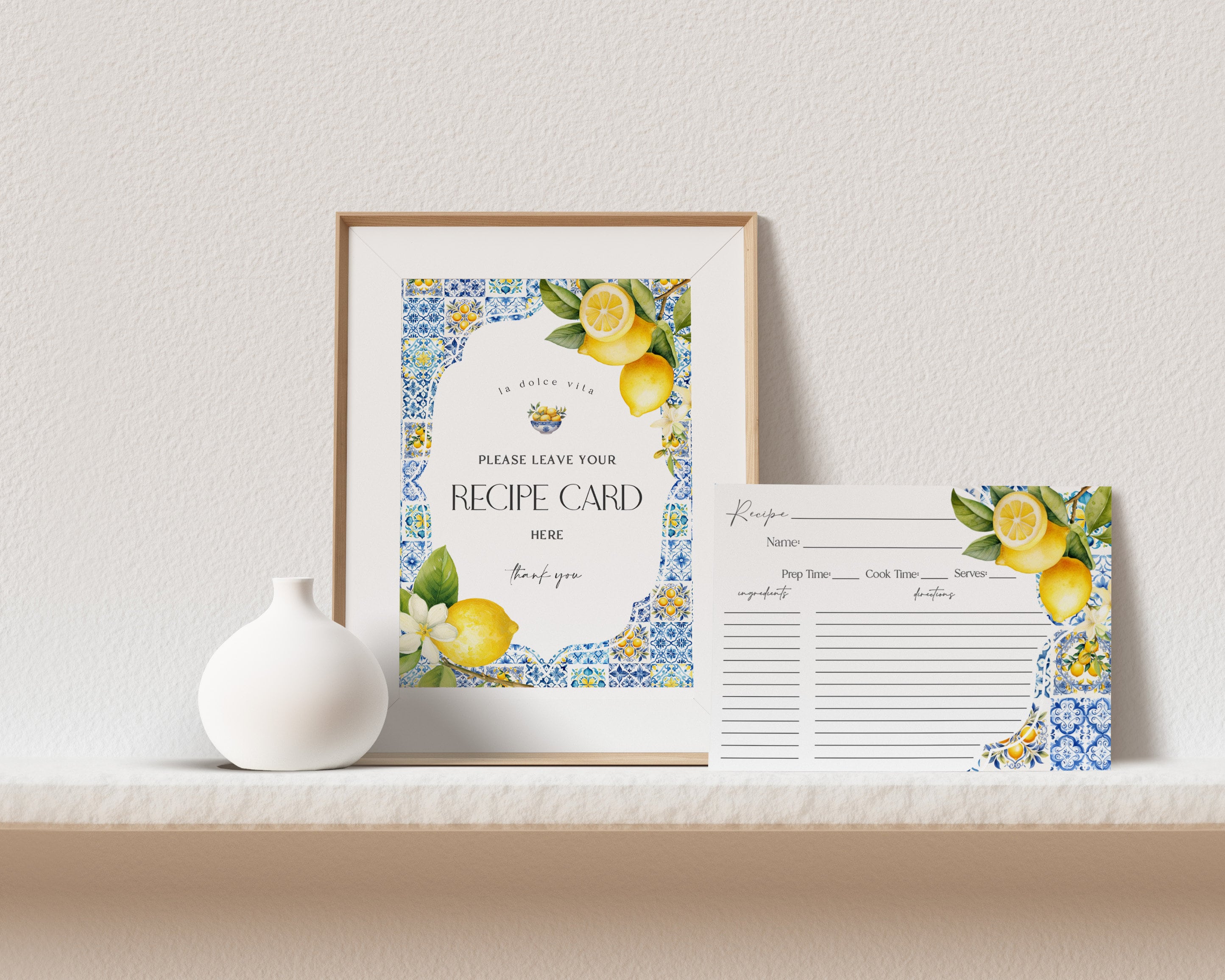 Amalfi Coast Recipe Card for Bridal Shower, Lemon Citrus Mediterranean shower decor with blue tiles, Italian Tuscan theme