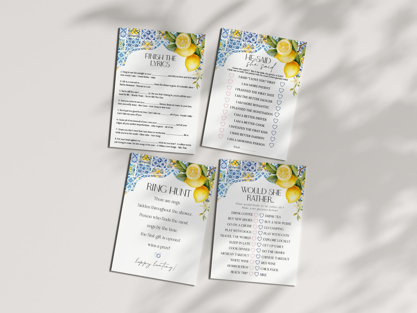 Amalfi Coast Bridal Shower Games Set, Lemon Citrus Mediterranean decor with blue tiles, Italian theme tuscan beach party