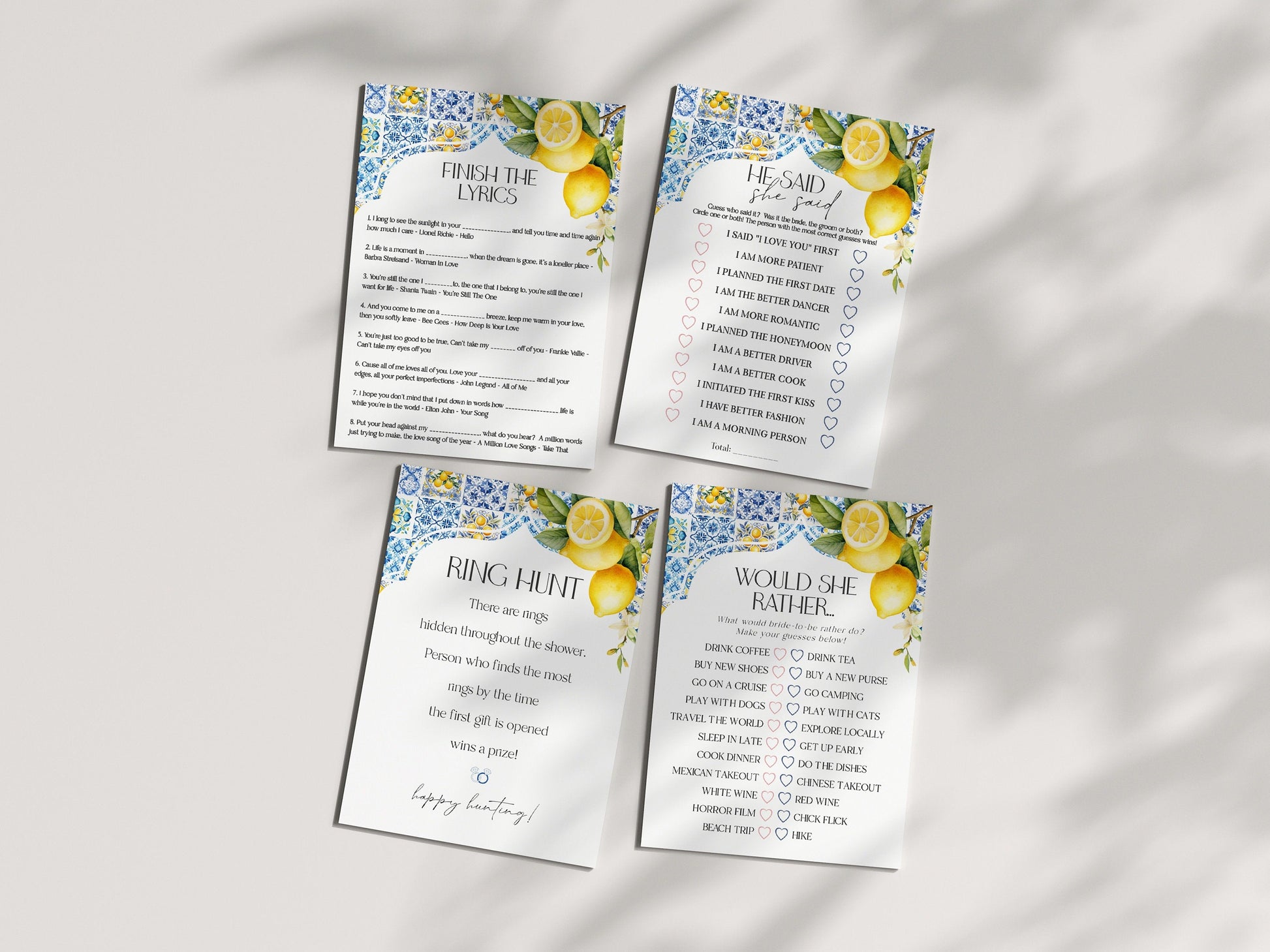Amalfi Coast Bridal Shower Games Set, Lemon Citrus Mediterranean decor with blue tiles, Italian theme tuscan beach party
