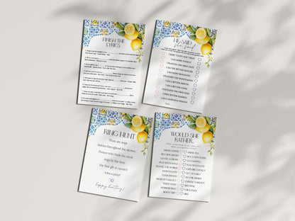 Amalfi Coast Bridal Shower Games Set, Lemon Citrus Mediterranean decor with blue tiles, Italian theme tuscan beach party