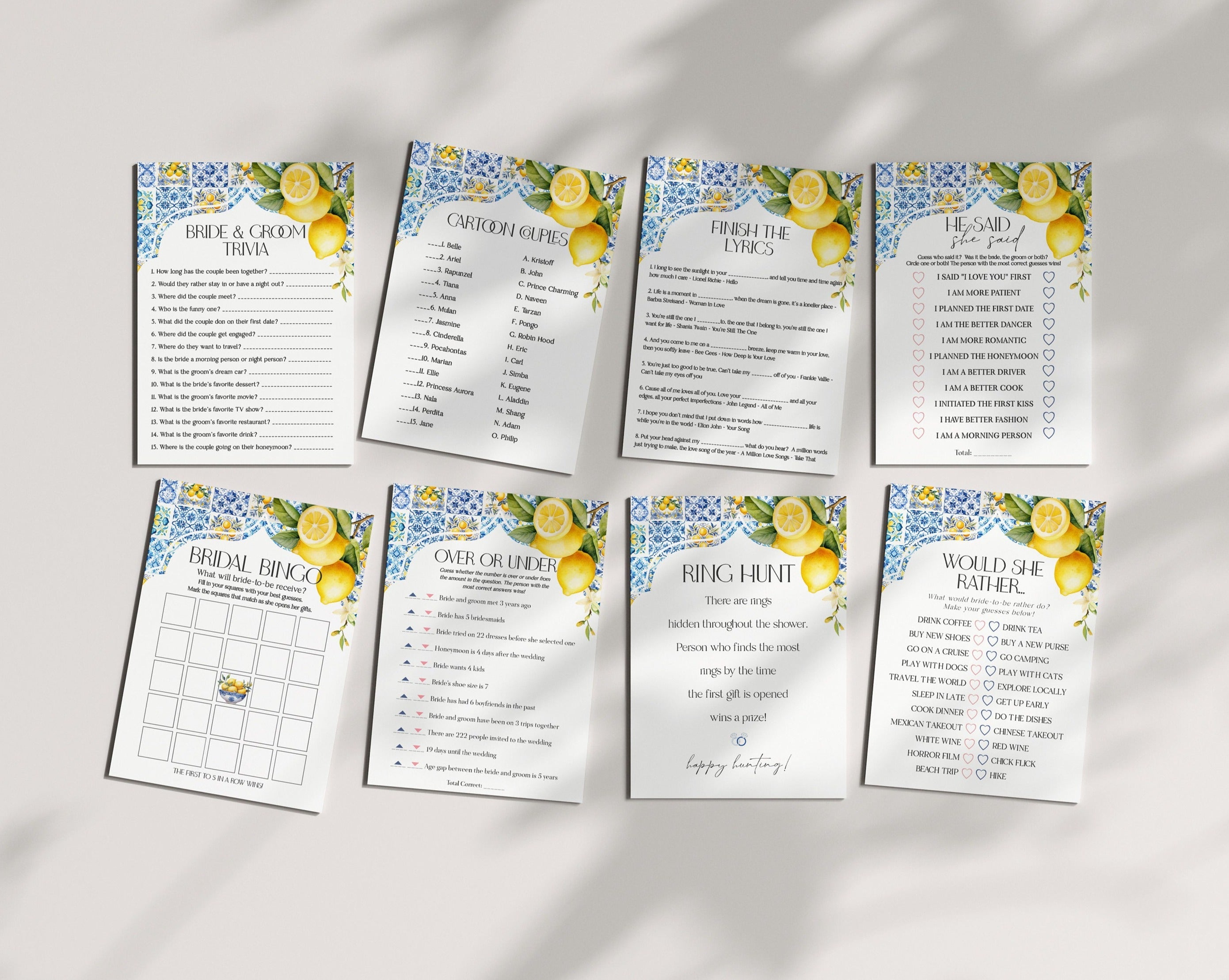 Amalfi Coast Bridal Shower Games Set, Lemon Citrus Mediterranean decor with blue tiles, Italian theme tuscan beach party