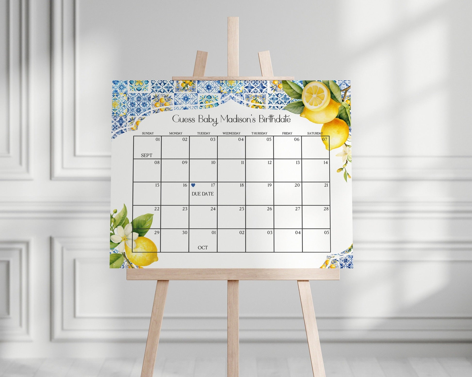 Amalfi Coast Baby Shower Guess the Date Game Template, Lemon Citrus Mediterranean shower decor with blue tiles, Italian theme tuscan party