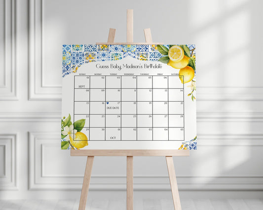 Amalfi Coast Baby Shower Guess the Date Game, Lemon Citrus Mediterranean shower decor with blue tiles, Italian theme tuscan party