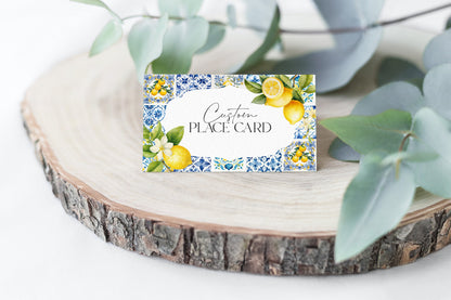 Amalfi Coast Place Cards for Baby or Bridal Shower or Birthday Printable Template, Lemon Citrus Mediterranean shower decor with blue tiles