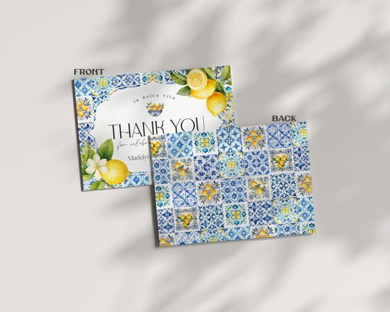 Amalfi Coast Thank You Card Printable Template, Lemon Citrus Mediterranean decor with blue tiles, Coastal Italian theme tuscan beach party