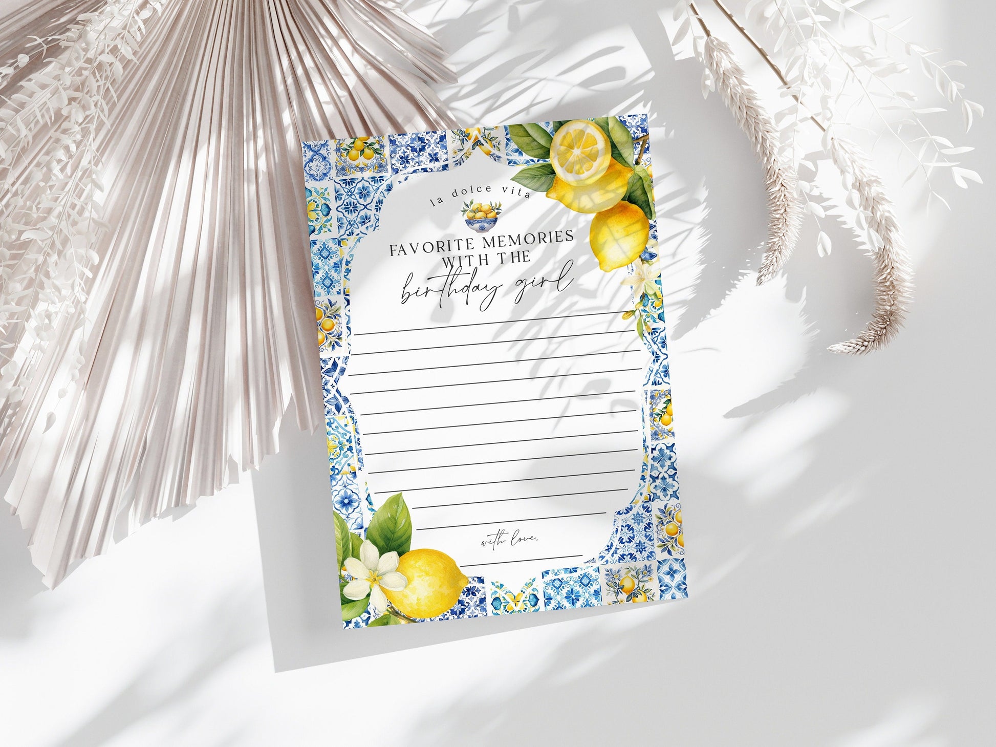 Amalfi Coast Share your memories with the Birthday Girl, Citrus Mediterranean bday decor blue tiles Italian theme party