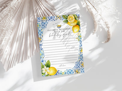 Amalfi Coast Share your memories with the Birthday Girl, Citrus Mediterranean bday decor blue tiles Italian theme party