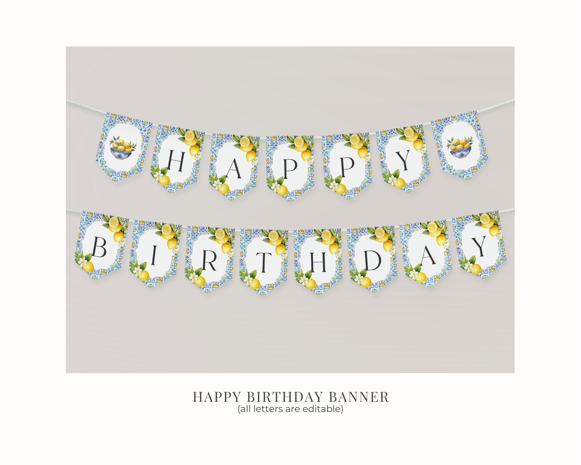 Amalfi Coast Birthday Shower Banner Printable Template, Lemon Citrus Mediterranean party decor with blue tiles Italian theme tuscan beach