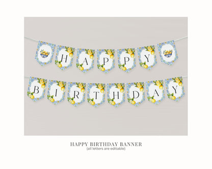 Amalfi Coast Birthday Shower Banner Printable Template, Lemon Citrus Mediterranean party decor with blue tiles Italian theme tuscan beach