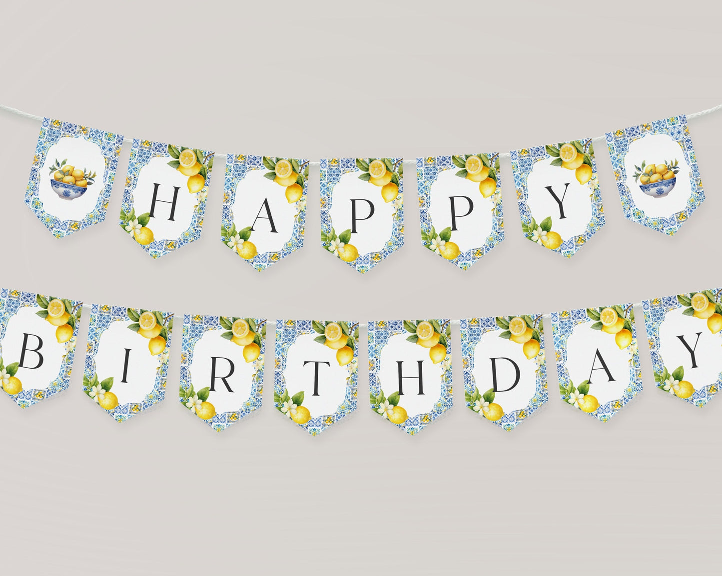 Amalfi Coast Birthday Shower Banner Printable Template, Lemon Citrus Mediterranean party decor with blue tiles Italian theme tuscan beach