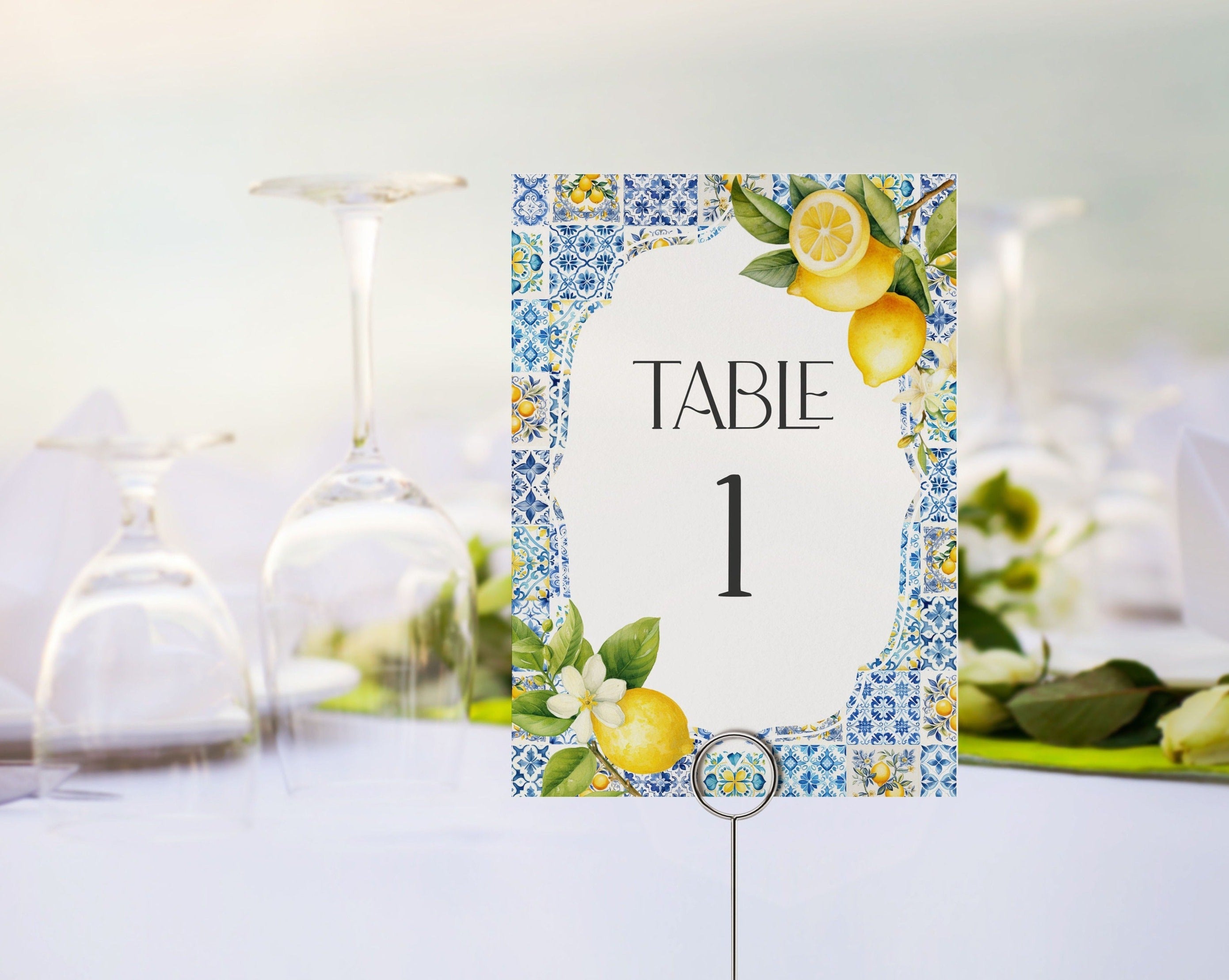 Amalfi Coast Table Number Cards, Lemon Citrus Mediterranean shower decor with blue tiles Italian theme tuscan beach party