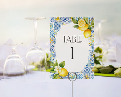 Amalfi Coast Table Number Cards, Lemon Citrus Mediterranean shower decor with blue tiles Italian theme tuscan beach party