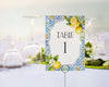 Amalfi Coast Table Number Cards Printable Template, Lemon Citrus Mediterranean shower decor with blue tiles Italian theme tuscan beach party