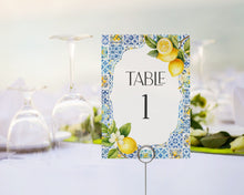  Amalfi Coast Table Number Cards Printable Template, Lemon Citrus Mediterranean shower decor with blue tiles Italian theme tuscan beach party
