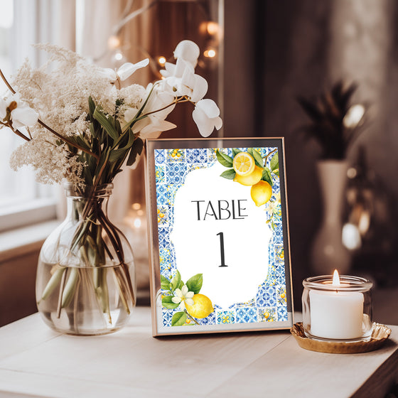 Amalfi Coast Table Number Cards Printable Template, Lemon Citrus Mediterranean shower decor with blue tiles Italian theme tuscan beach party