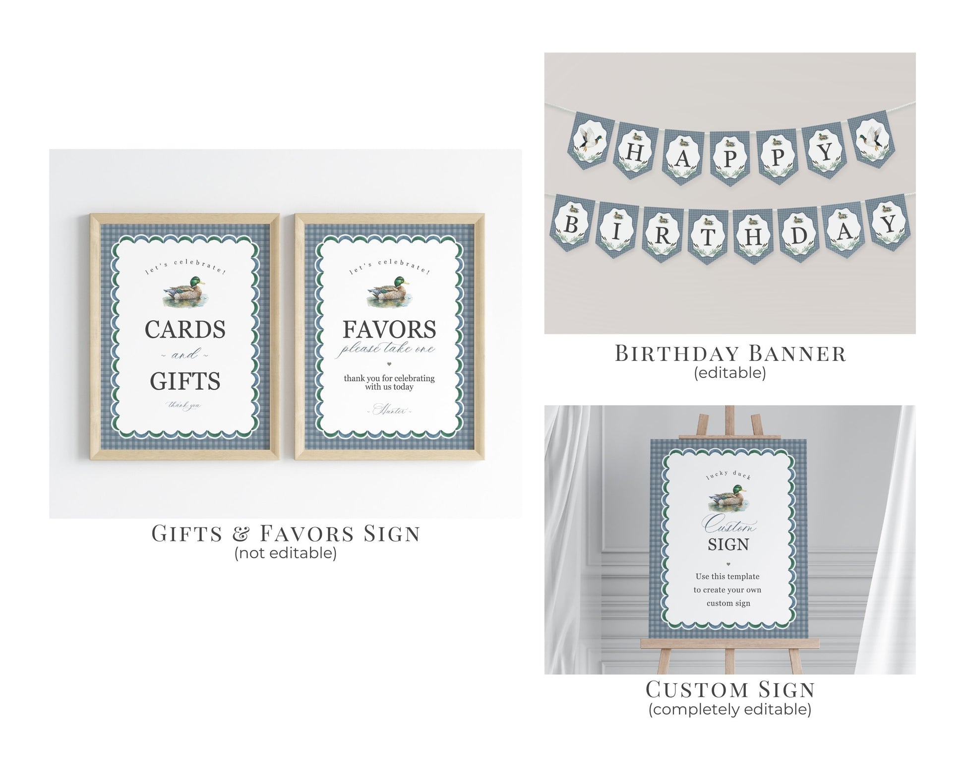 Mallard First Birthday Bundle Printable, Editable One Lucky Duck 1st Birthday Party Decor for Boy, Adventure Duck Hunting with Blue Gingham