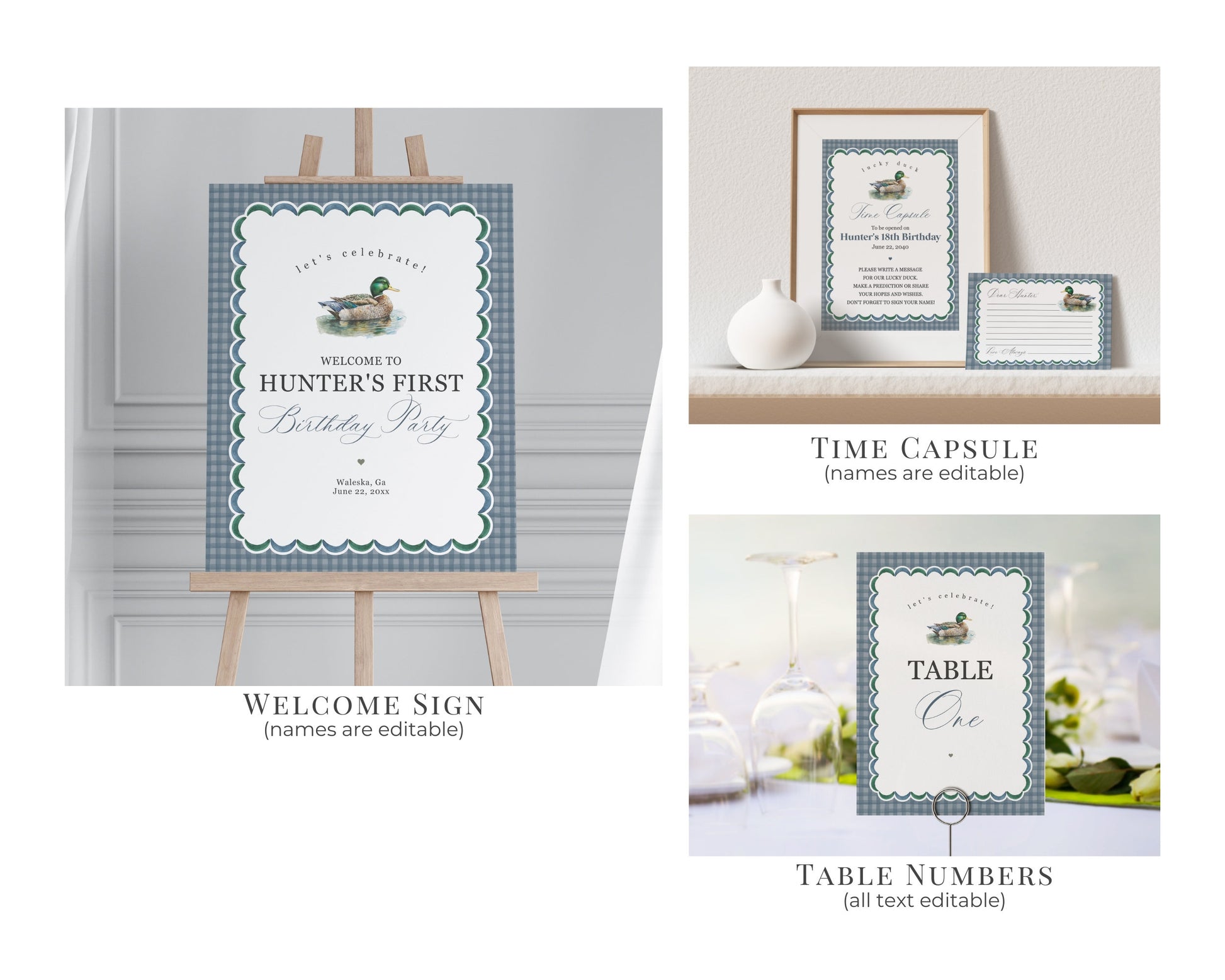 Mallard First Birthday Bundle Printable, Editable One Lucky Duck 1st Birthday Party Decor for Boy, Adventure Duck Hunting with Blue Gingham