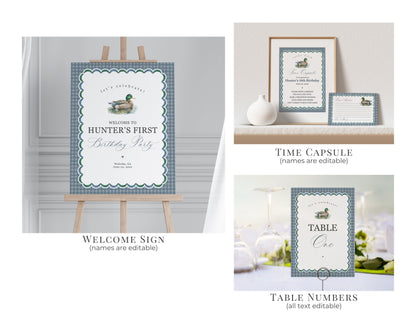 Mallard First Birthday Bundle Printable, Editable One Lucky Duck 1st Birthday Party Decor for Boy, Adventure Duck Hunting with Blue Gingham