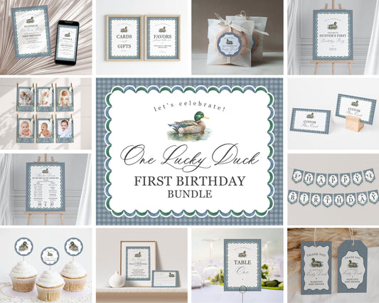 Mallard First Birthday Bundle Printable, Editable One Lucky Duck 1st Birthday Party Decor for Boy, Adventure Duck Hunting with Blue Gingham