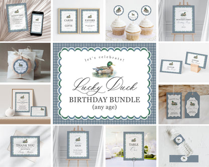 Mallard Birthday Bundle Printable, Editable One Lucky Duck Birthday Party Decor for Boy, Adventure Duck Hunting Party with Blue Gingham