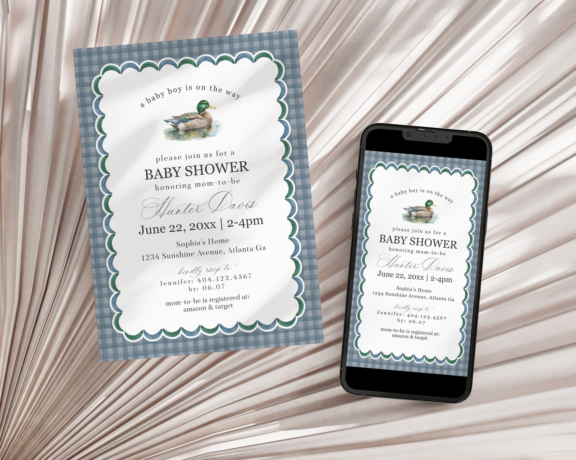 Mallard Baby Shower Invite Printable Template, Editable Lucky Duck Baby Shower Decor for Boy Adventure Duck Hunting Shower with Blue Gingham