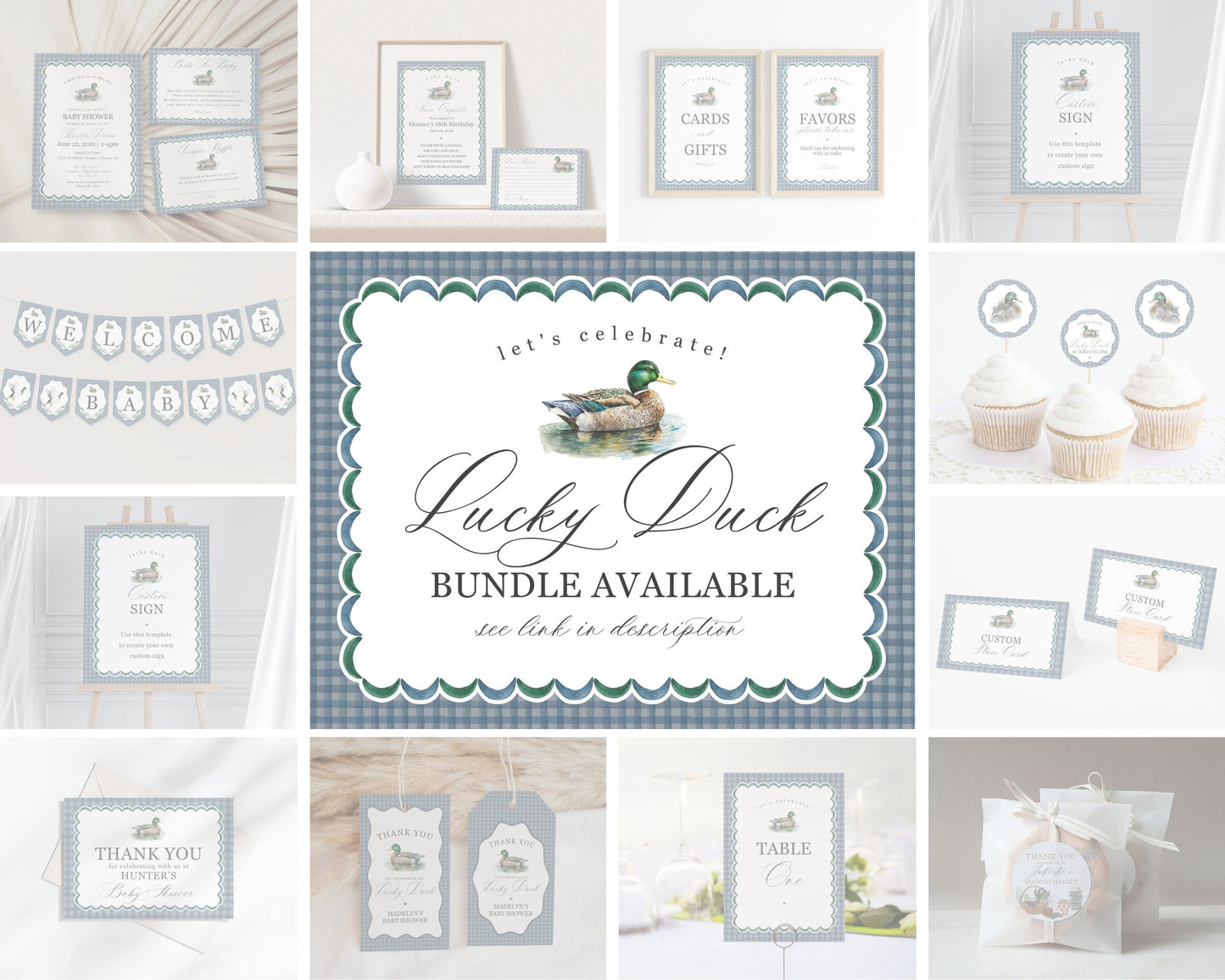 Mallard Baby Shower Invite Printable Template, Editable Lucky Duck Baby Shower Decor for Boy Adventure Duck Hunting Shower with Blue Gingham