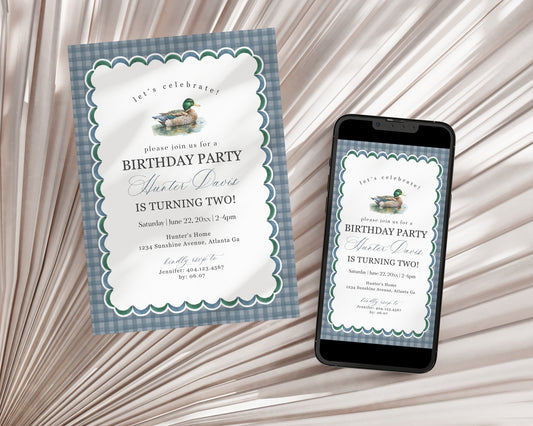 Mallard Birthday Party Invitation Printable Template, Editable One Lucky Duck Birthday Party Decor for Boy Adventure Duck Party Blue Gingham