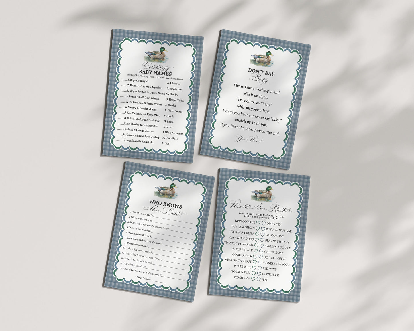 Mallard Baby Shower Games Printable Templates, Editable Lucky Duck Baby Shower Decor for Boy Adventure Duck Hunting Shower with Blue Gingham