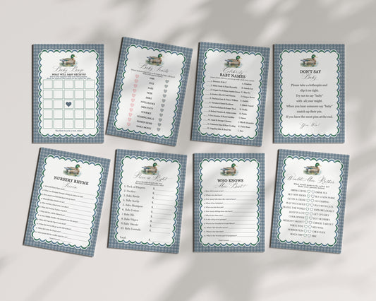 Mallard Baby Shower Games Printable Templates, Editable Lucky Duck Baby Shower Decor for Boy Adventure Duck Hunting Shower with Blue Gingham