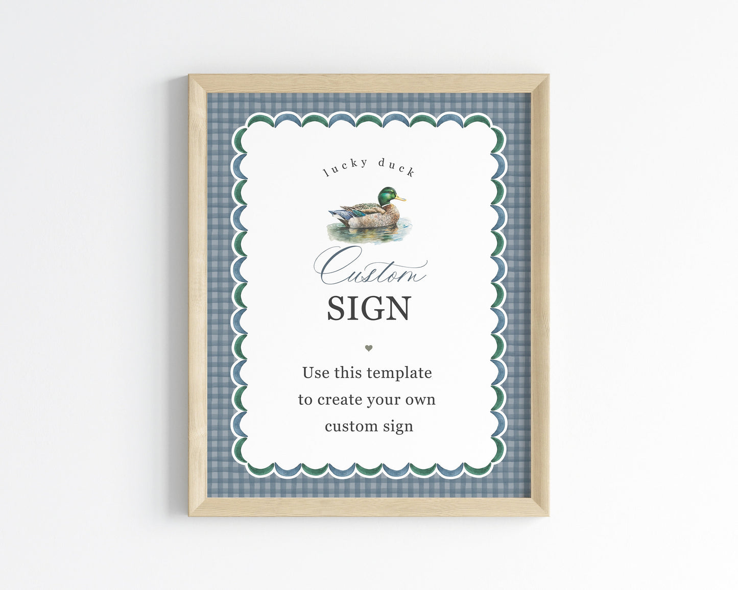 Mallard Custom Sign Printable Printable Template, Editable One Lucky Duck Boy Birthday Party Decor, Adventure Baby Shower with Blue Gingham