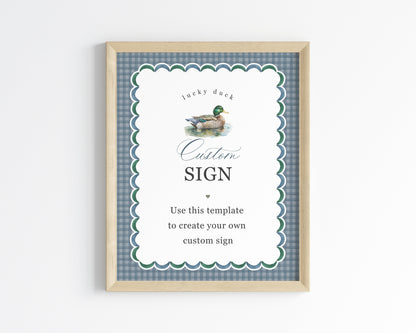 Mallard Custom Sign Printable Printable Template, Editable One Lucky Duck Boy Birthday Party Decor, Adventure Baby Shower with Blue Gingham