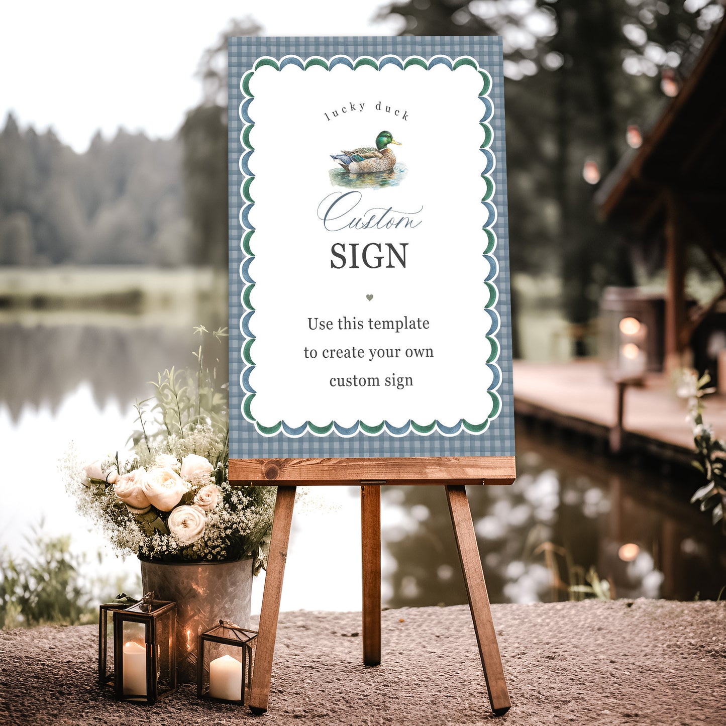 Mallard Custom Sign Printable Printable Template, Editable One Lucky Duck Boy Birthday Party Decor, Adventure Baby Shower with Blue Gingham