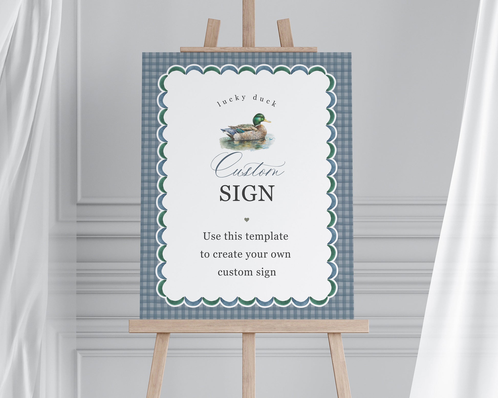 Mallard Custom Sign Printable Printable Template, Editable One Lucky Duck Boy Birthday Party Decor, Adventure Baby Shower with Blue Gingham