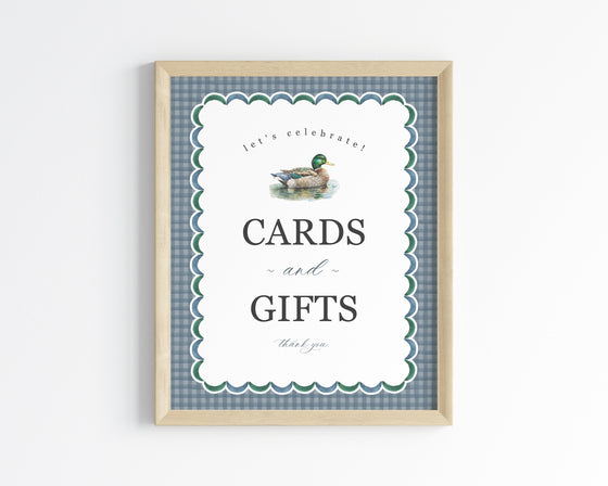 Mallard Cards & Gifts and Favors Sign Printable Template, Editable One Lucky Duck Birthday Party Decor for Boy Adventure Baby Shower Gingham