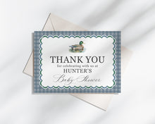  Mallard Thank You Card Printable Template, Editable One Lucky Duck Birthday Party Decor for Boy, Adventure Baby Shower with Blue Gingham